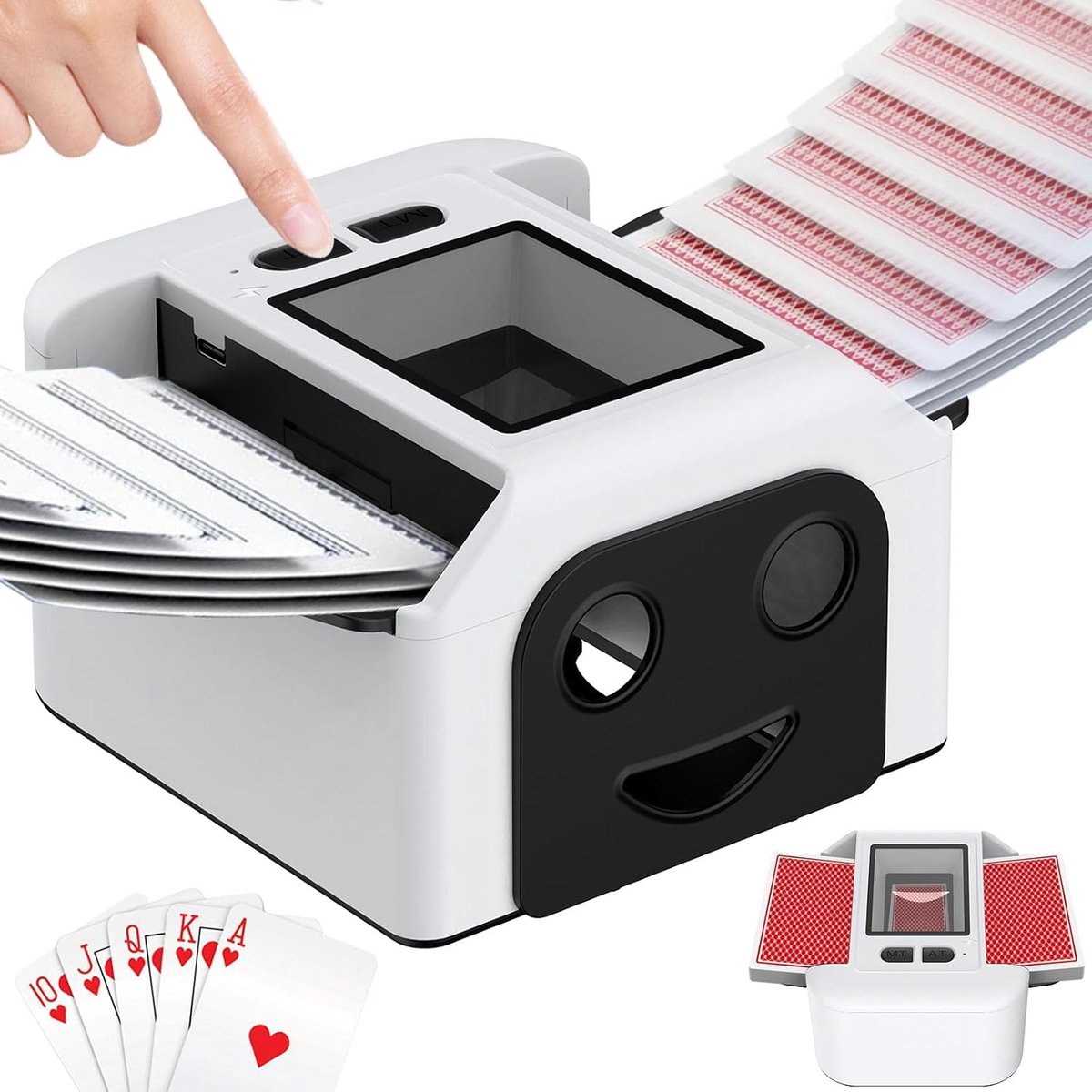 Kaartschudder, oplaadbaar, 2 decks, 2000 mAh ingebouwde batterij, USB-C opladen, geluidsarme snelle kaartschudder, draagbare slimme automatische kaartschudder voor UNO Poker Blackjack