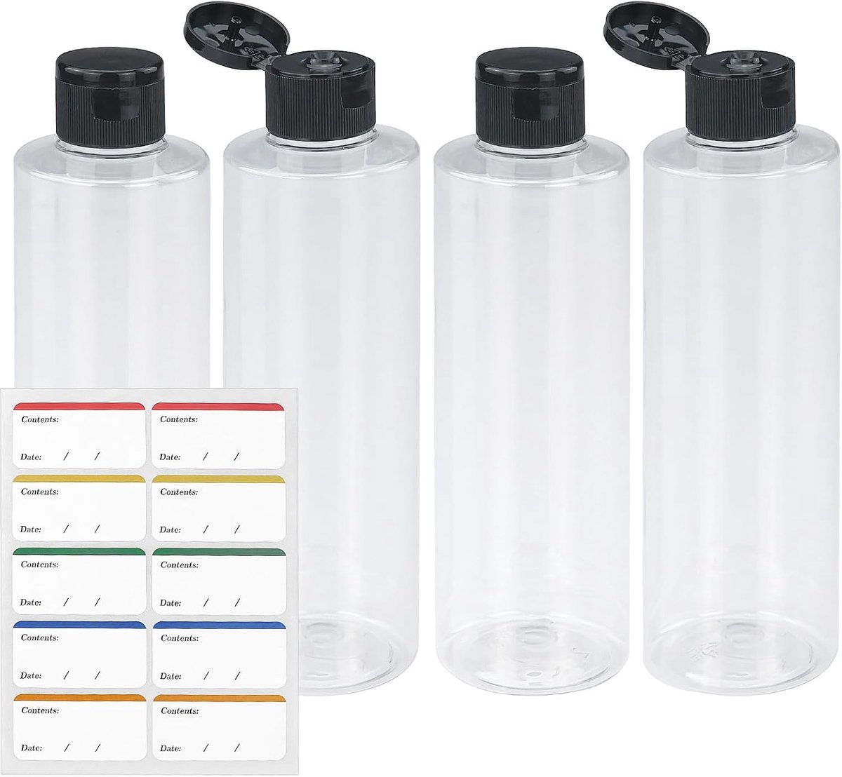 250 ml met Klapdeksel – Lege Dispenser van Transparante PET voor Shampoo, Lotion en Douchegel – Set van 4 met Etiketten