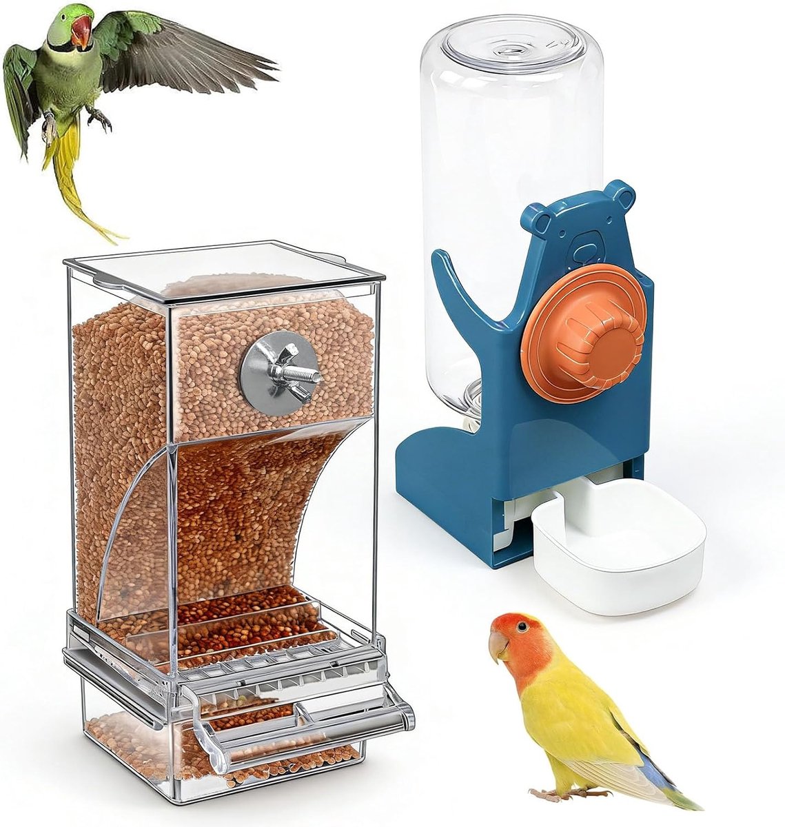 Vogelvoederset vogelvoederdispenser en waterdispenser vogel | Automatische transparante voederdispenser vogels kooi vogelvoederautomaat waterdispenser vogelkooi kooi accessoires