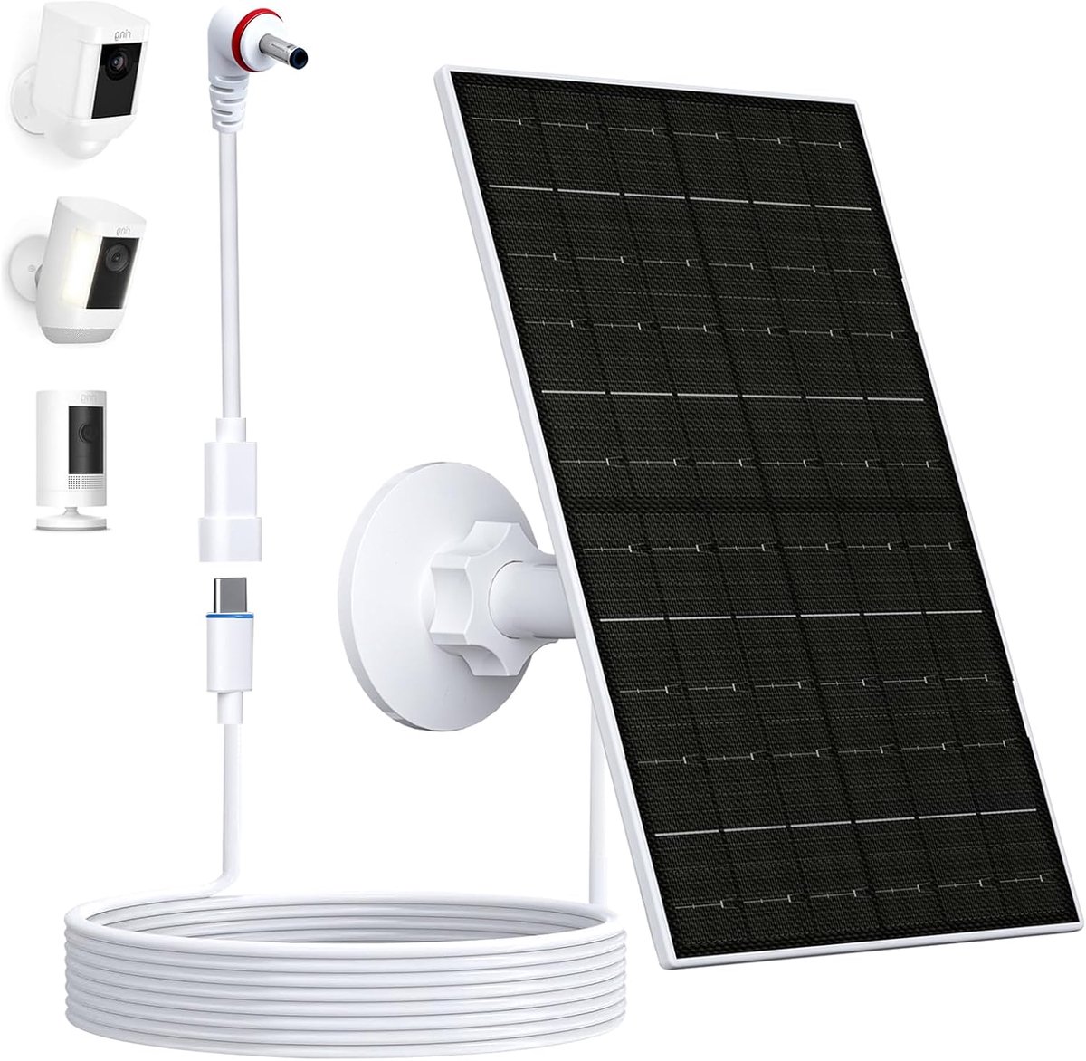 Zonnepaneel voor ringcamera, 7 W, compatibel met Ring Stick Up Cam (2e/3e generatie) & Pro, Spotlight Cam Plus/Pro (accu), IP66 waterdicht, met USB-C naar 3,5 mm adapter, 2,7 m kabel en 360° houder
