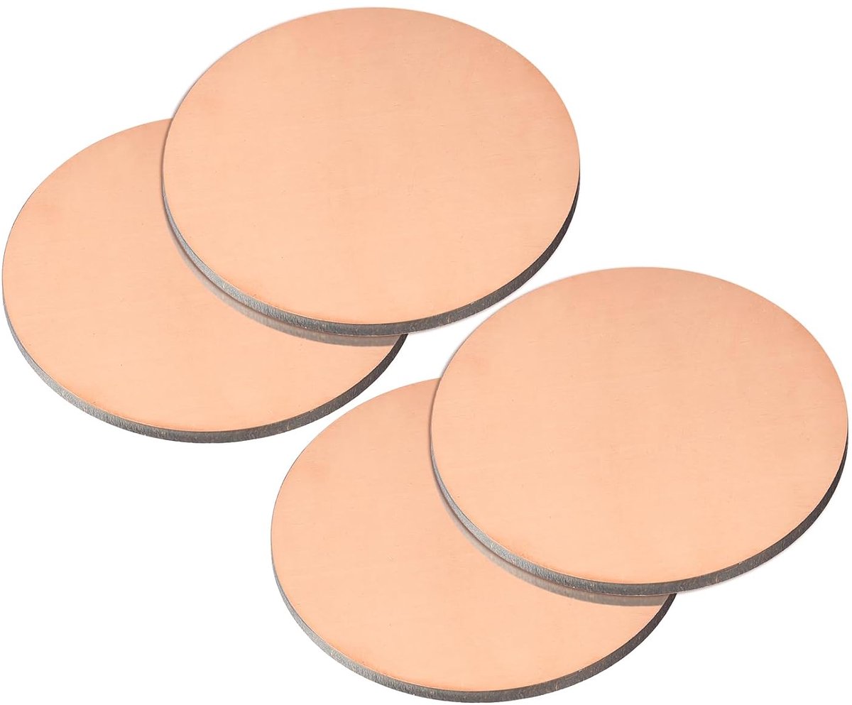 Zuiver koperplaat, 4 stuks, 3/4 inch x 0,08 inch, 12 gauge, ronde koperen metalen plaat T2 voor knutselwerk, elektrische reparaties