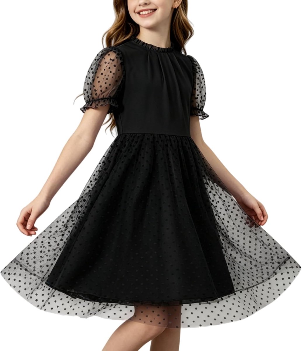 Meisjesjurk met korte pofmouwen, ruches, ronde hals, netstof en tule, elegante prinsessenjurken voor feestjes, eindexamenfeesten, bruiloften en verjaardagen