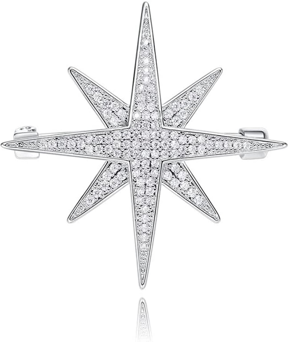 Ster Broche Pin voor Vrouwen Meisjes Mannen Mode Sierlijke Crystal CZ Zilverachtige Reversspeldjes Jurk Pak Boeket Accessoires Sieraden Kerst Winter Vakantie Bruiloft Decor Unisex Geschenken