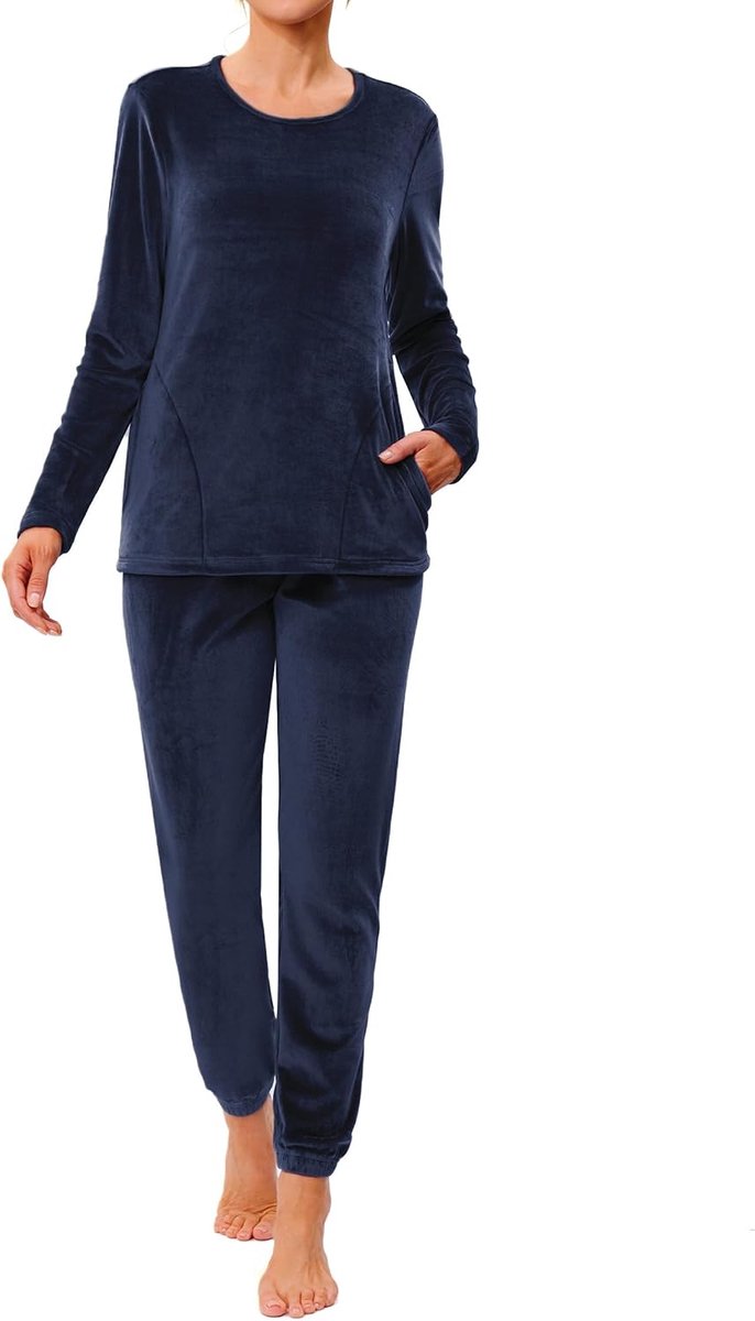 Winterpyjama, tweedelig, fluweel, loungewear, huispak, warm, herfst, winter, lange mouwen, ronde hals, bovendeel met zakken en broek, S-3XL