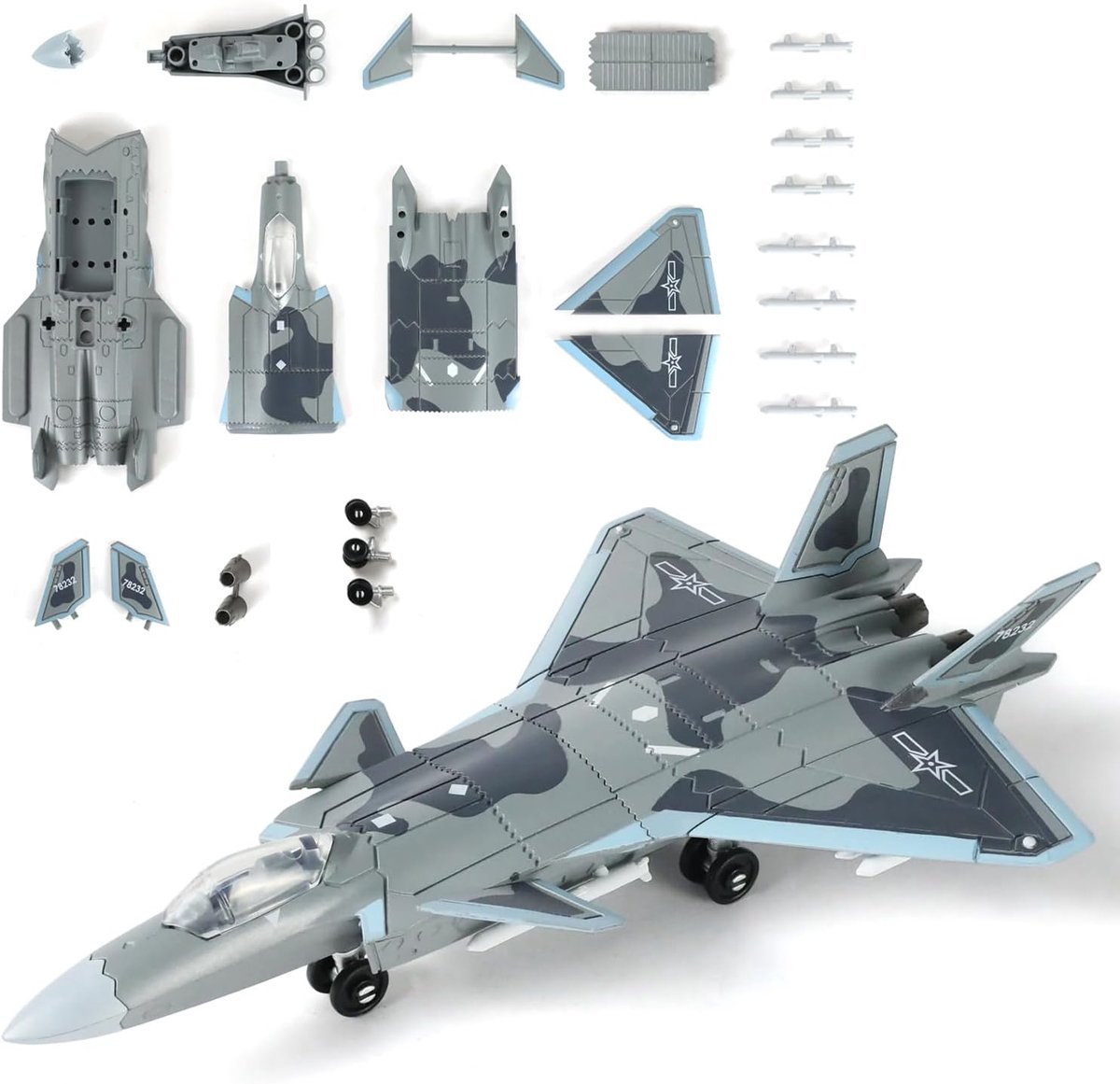 J-20 straaljager, schaal 1:100, snelbouw-modelbouwset, militaire straaljager van kunststof, speelgoedvliegtuig, montagevliegtuigmodel met standaard, cadeau (26 onderdelen)