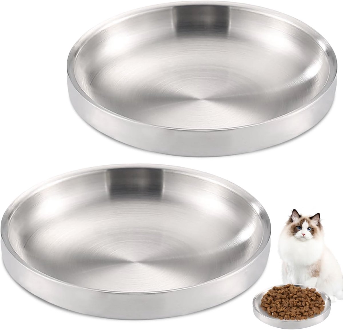 Kattenbak van roestvrij staal: set van 2 lekvrije kommen, geschikt voor snorren, 15 cm breed, gemakkelijk te reinigen