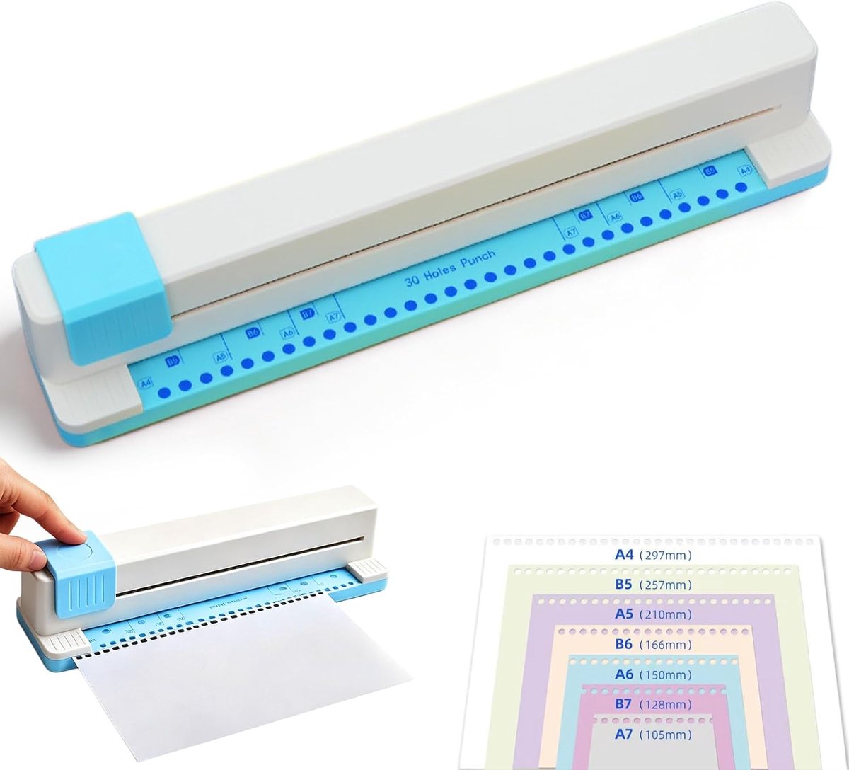 Bindapparaat met 30 gaten, bindmachine voor planner, losbladige papierstansmachine, spiraalbinding, gat tot 3 vellen, perforator A4/B5/A5/B6/A6/B7/A7, voor kantoor, school, doe-het-zelf