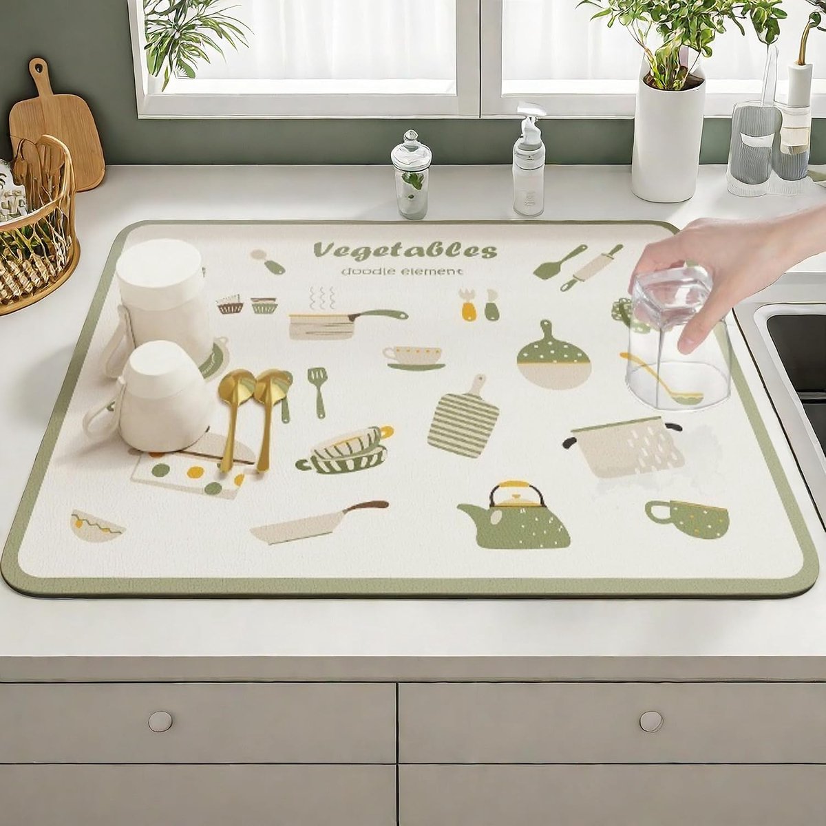 Afdruipmat, absorberende afdruipmat, keukenaccessoires, keukenmat, antislipmat, groen (40 x 50 cm)
