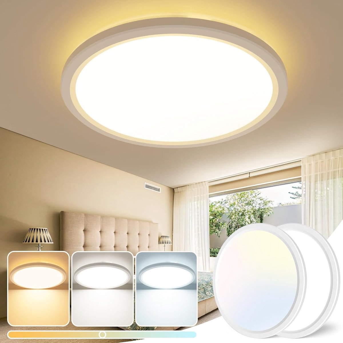 Slochi Plafondlamp, led, 23 cm, 2 stuks, plafondlamp, 3 kleuren, 3000 K/4000 K/6500 K, 18 W, plat, rond, badkamerlamp, waterdicht, lamp plafond voor badkamer, keuken, hal, slaapkamer, woonkamer