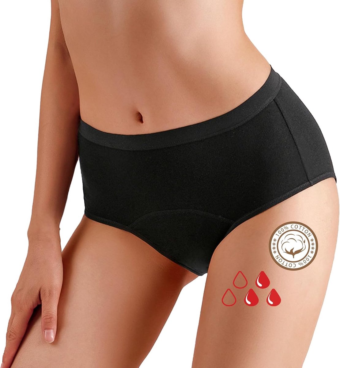 Menstruatieslip voor dames, gemiddelde capaciteit, katoen, binnenkant, 3-delig