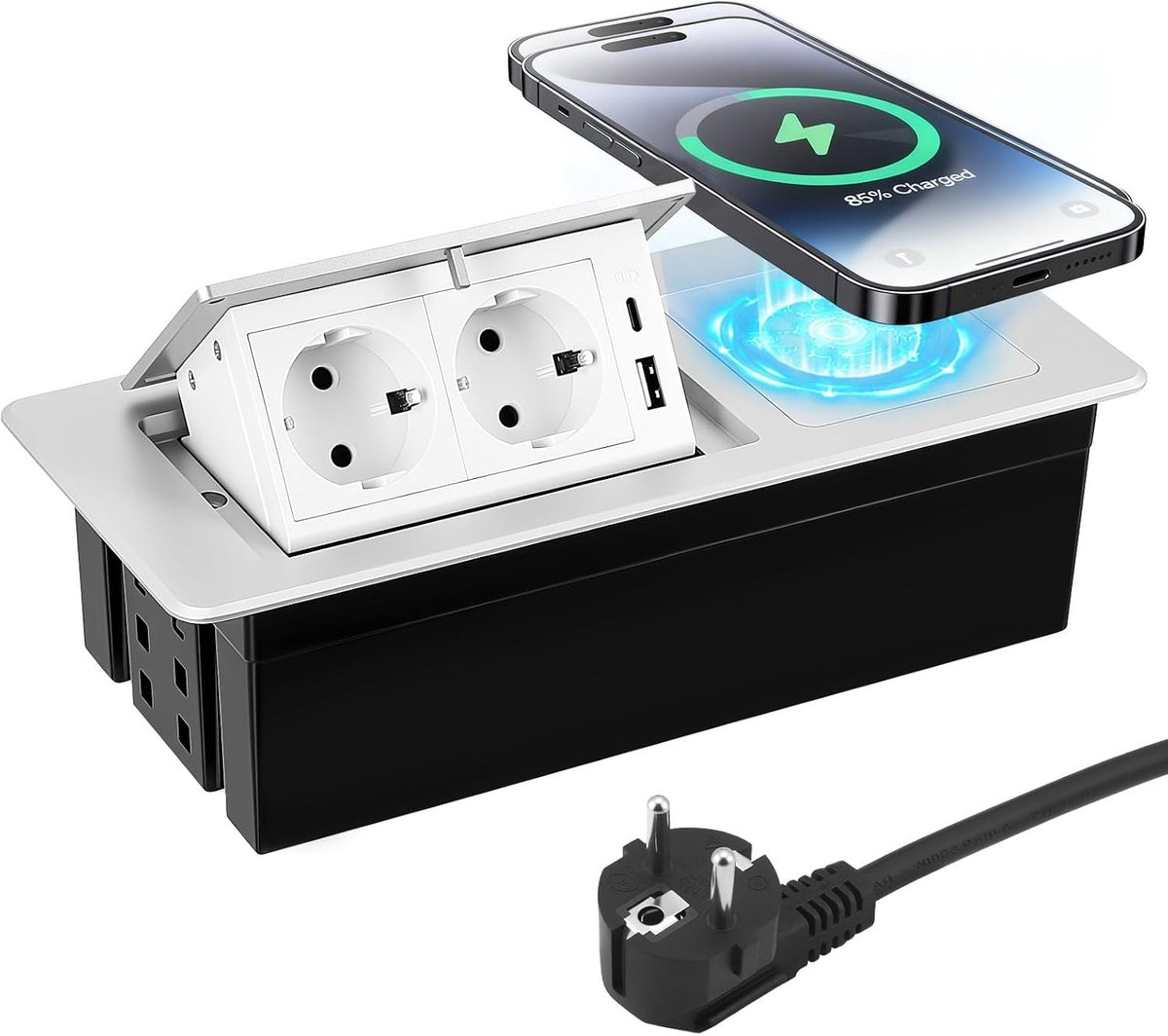 Stopcontact met PD20W USB-C en draadloos opladen, 15 W, 2-voudig inbouwstopcontact voor bureau, keuken, vergadertafel, aluminium behuizing met zachte opening, kabel 1,8 m