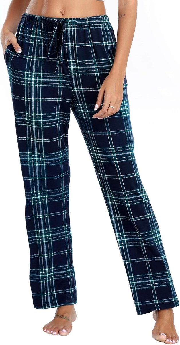 Damespyjamabroek, superzachte geruite pyjamabroek voor dames, lange loungebroek met zakken