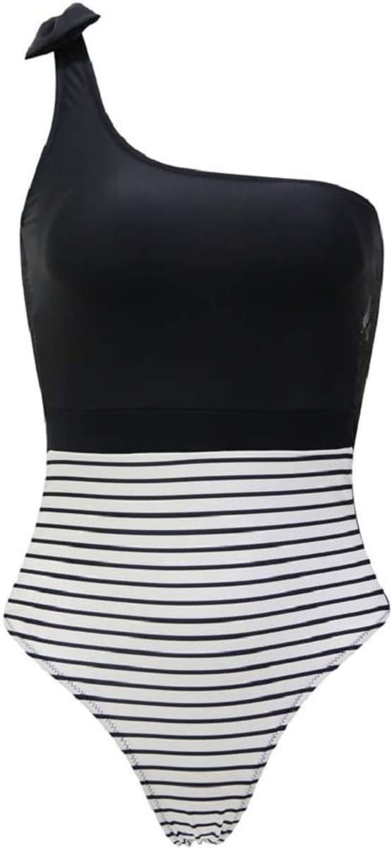 Eendelig badpak - badkleding - strand - 1-schouder - kant - gestreept - strik - meisjes - sexy - vintage - retro - zwart-wit kleur