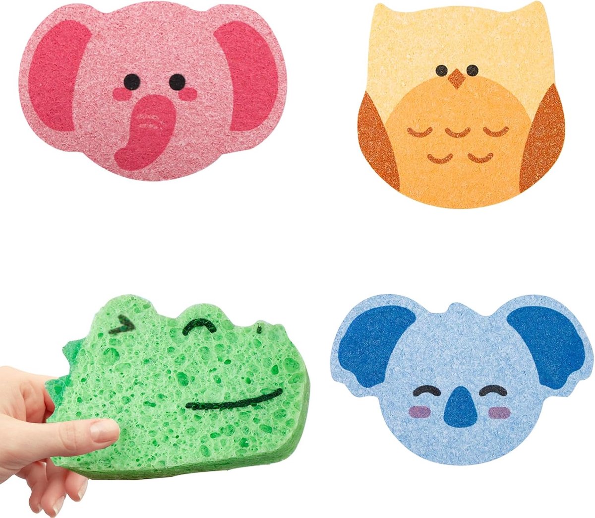 SnelShoppen - Baby Bad Sponsen - 4 Stuks Natuurlijke Bad Massage Sponsen voor Pasgeborenen en Kinderen - Krokodil, Olifant, Koala, Uil - Geschikt voor
