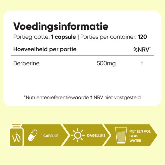 Voedingsinformatie: 1 capsule, 500mg berberine. Iconen: flesje, capsule, zonnetje, glas water. Tekst: Voedingsinformatie, 1 capsule per dag, met een vol glas water.