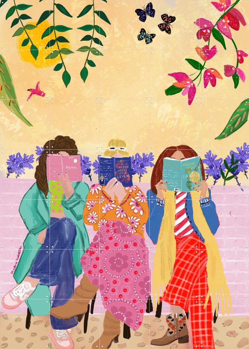 IXXI Three Girls Reading, Studio LaWiene - 100 x 140 cm - Gratis ophangtool - Grote wanddecoratie en posters - Kleurrijk, Illustraties, Speels