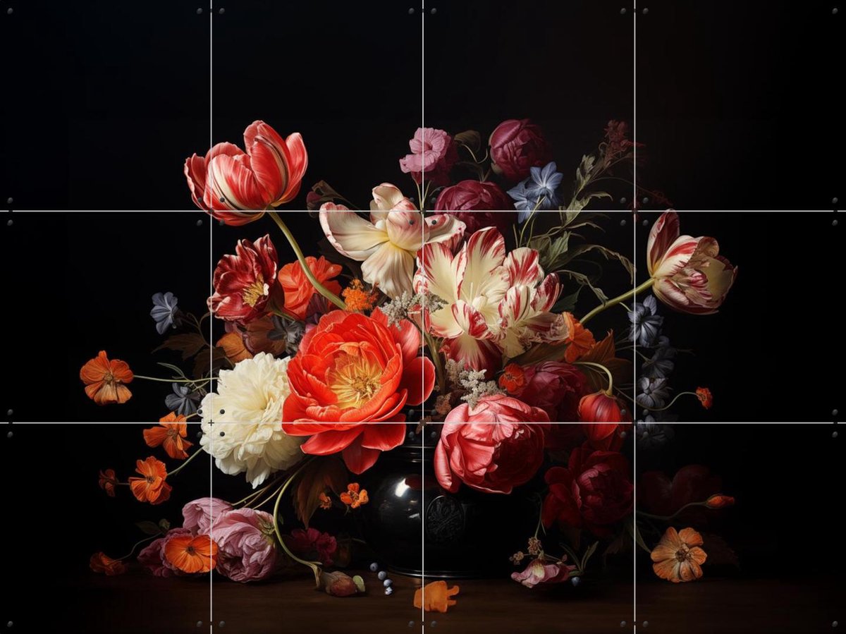 IXXI Bloemstuk op Vaas, Margriet Hulsker - 80 x 60 cm - Gratis ophangtool - Grote wanddecoratie en posters - Klassiek, Woonkamer, Eetkamer, Wilde
