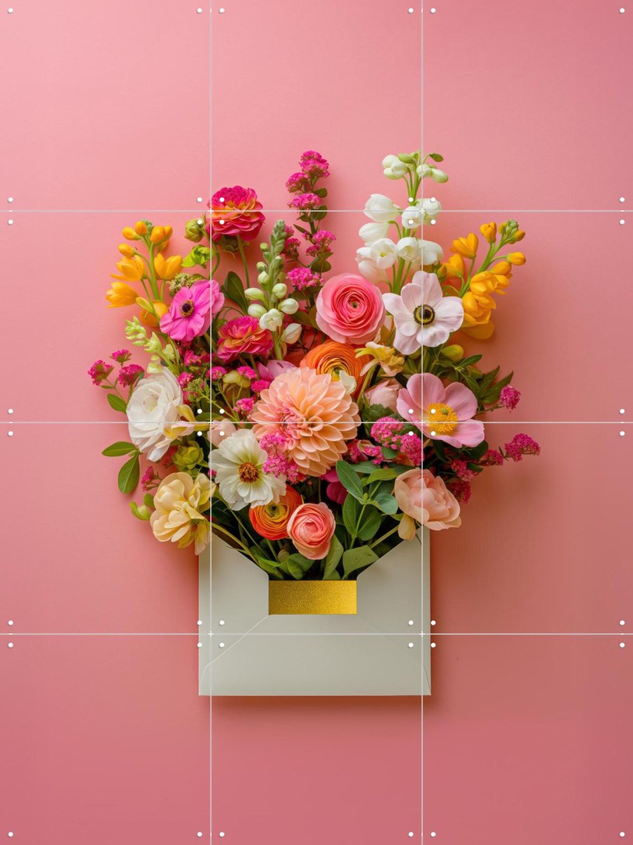 IXXI Pink Floral Still Life with Colorful Flowers in Gold Envelope, OTTI - 60 x 80 cm - Gratis ophangtool - Grote wanddecoratie en posters - Modern