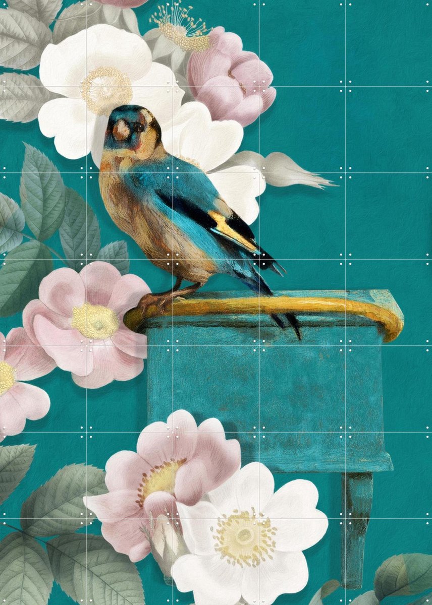 IXXI A Goldfinch On Teal, Marja van den Hurk - 100 x 140 cm - Gratis ophangtool - Grote wanddecoratie en posters - Naturalisme, Speels, Fantasierijk