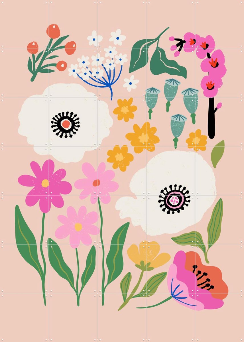 IXXI White Poppies Meadow, Katarzyna Gąsiorowska & Various - 100 x 140 cm - Gratis ophangtool - Grote wanddecoratie en posters - Speels, Illustraties
