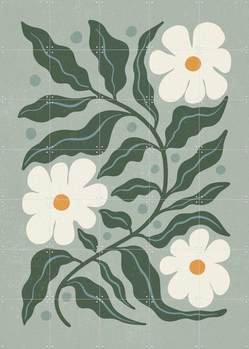 IXXI White Daisies and Green Leaves, Katarzyna Gąsiorowska & Various - 100 x 140 cm - Gratis ophangtool - Grote wanddecoratie en posters - Modern