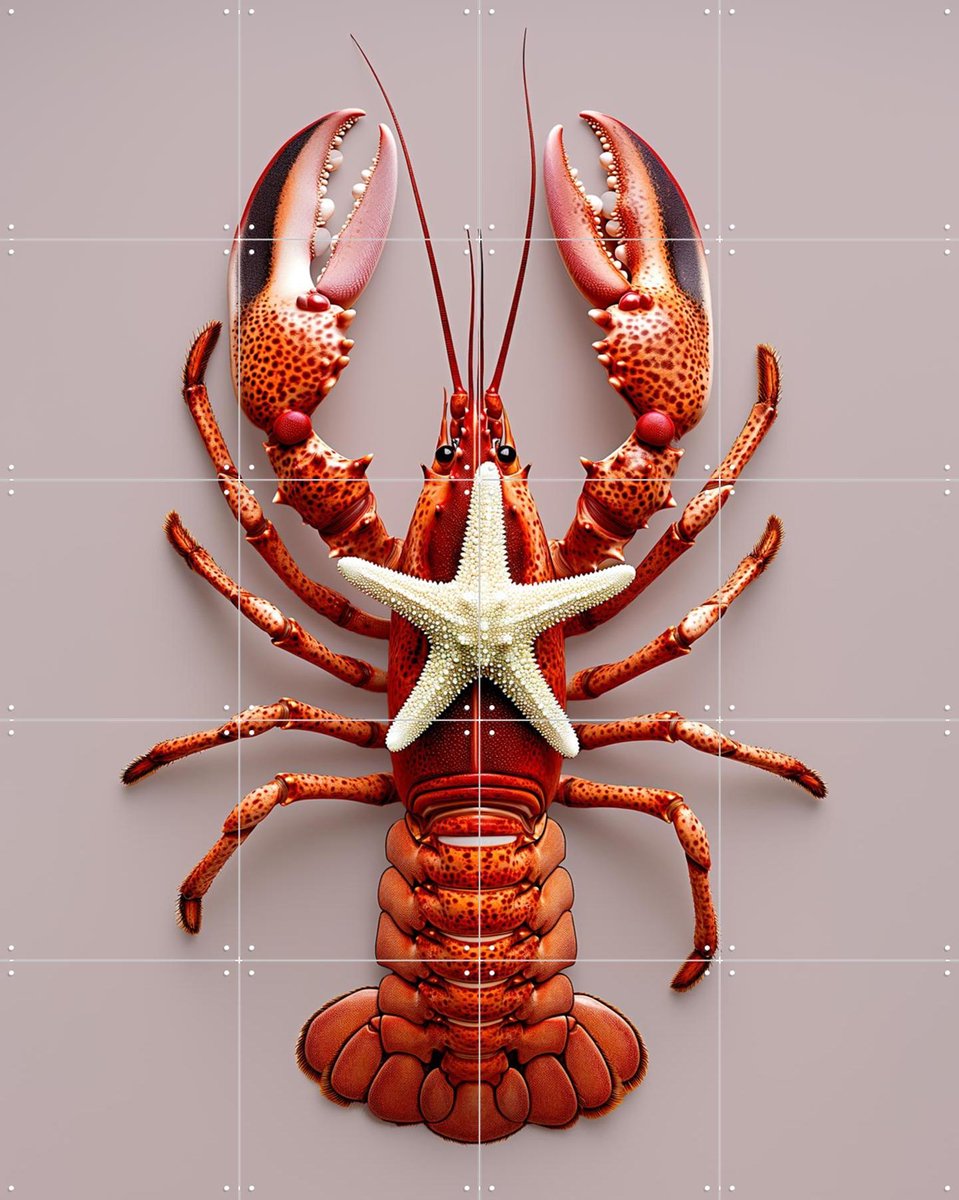 IXXI Red Lobster with Starfish - Pastel Pink, OTTI - 80 x 100 cm - Gratis ophangtool - Grote wanddecoratie en posters - Kleurrijk, Modern, Strandhuis