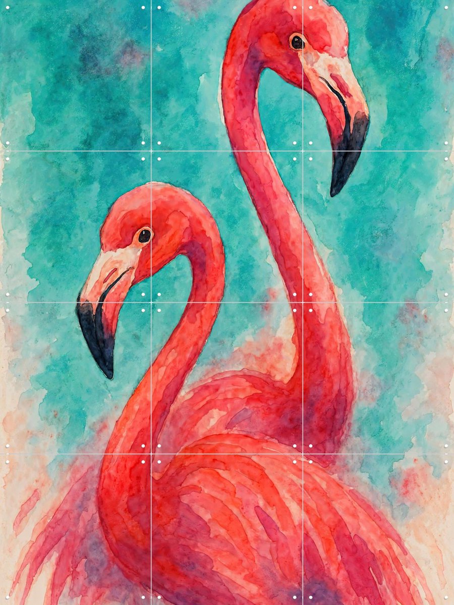IXXI Twee Exotische Roze Flamingo's, Natalie Bruns - 60 x 80 cm - Gratis ophangtool - Grote wanddecoratie en posters - Schilderijen, Aquarel