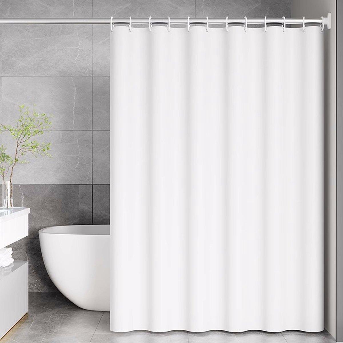Waterdicht douchegordijn van microvezel – 180 x 200 cm (voelt aan als katoen) – Lichtgewicht, wasbaar wit douchegordijn (12 haken)