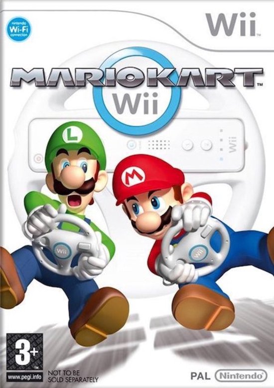 Mario Kart Wii-hoes met Mario en Luigi die racen met Wii-controllers in de vorm van een stuurwiel. Leeftijdsclassificatie 3+.