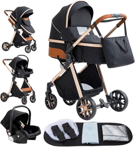 Zwarte kinderwagen met ruitpatroon, bruine accenten, beige kap en zwarte wielen. Inclusief tas en accessoires.