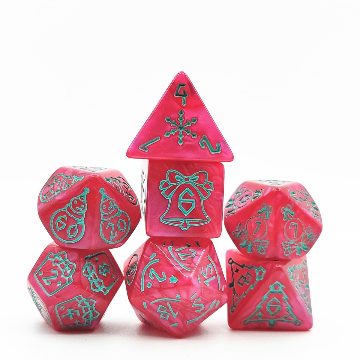 Lapi Toys - Dungeons and Dragons dobbelstenen - D&D dobbelstenen - D&D polydice - 1 set (7 stuks) - Kerst - Met turquoise kerstsymbolen - Acryl - Rood - Turquoise