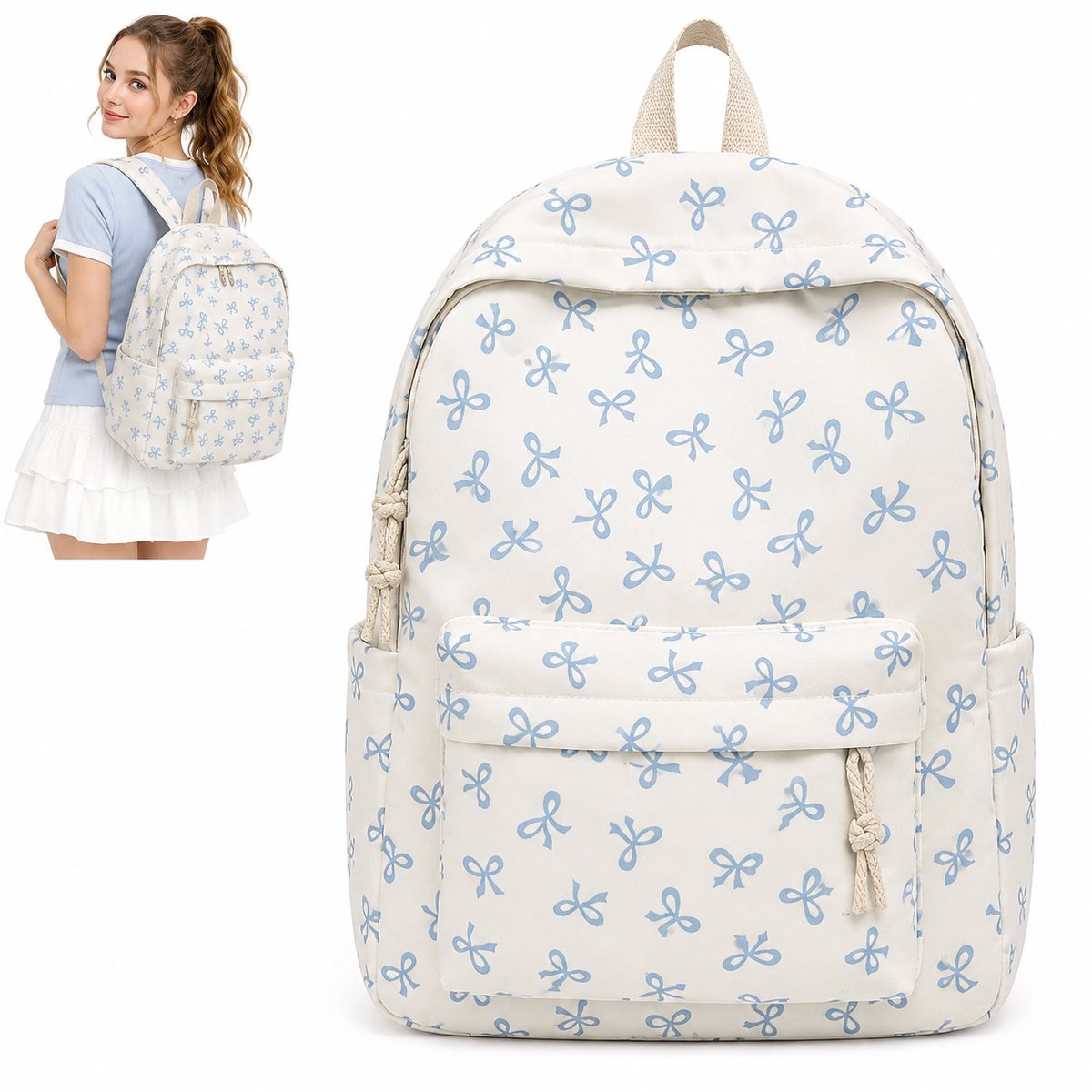 Bobypet - Rugzak - Kawaii Schooltas met Polka Dot en Strik - Waterafstotende Rugzak voor Dames en Tieners - Geschikt voor 14 Inch Laptop - Blauw