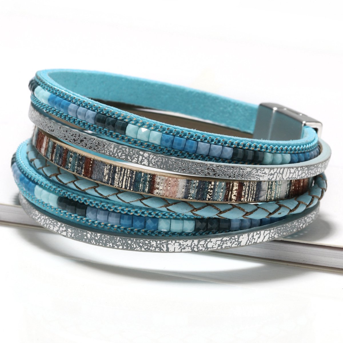 Daity Leren wikkelarmbanden voor dames-Boho-manchetarmband met luipaardprint-meerdere lagen en kristallen kralen