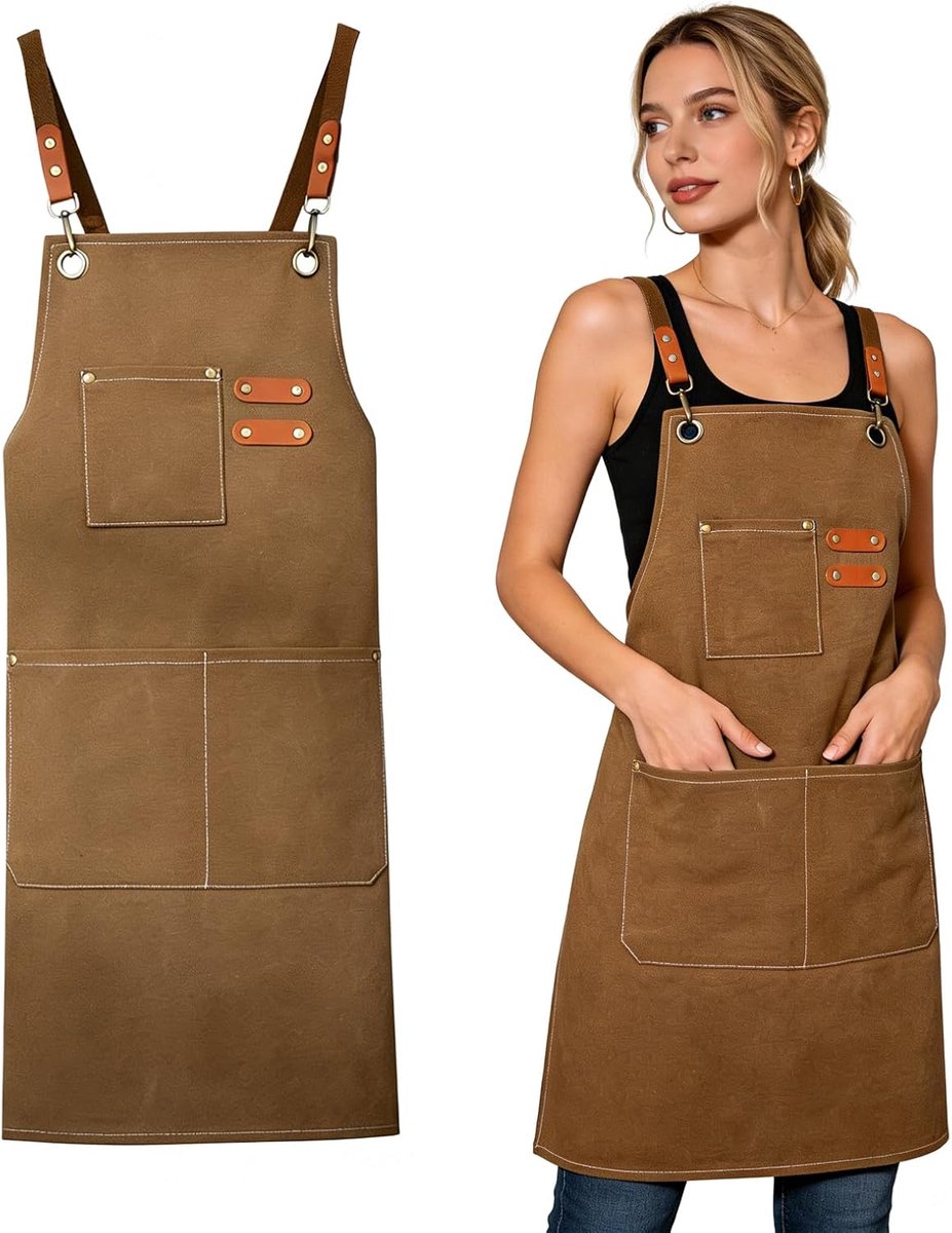 Keukenschort voor dames en heren, met 3 zakken en verstelbare riem, waterafstotende werkschoenen voor de barbecue, werk, schilderen, kapper