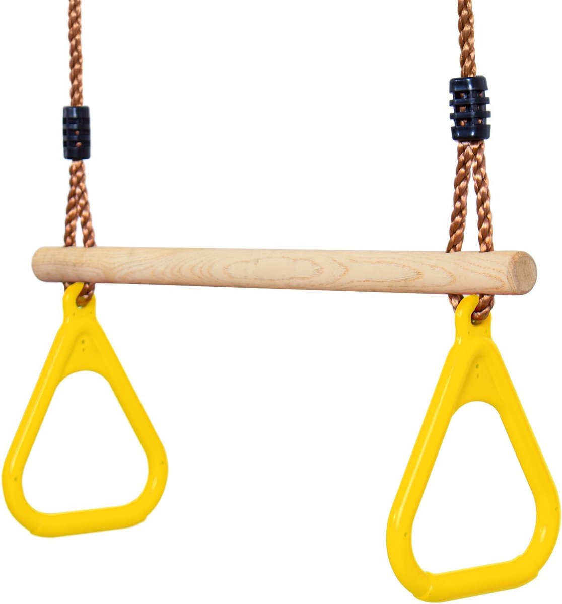 - Trapezium van hout, ringen en gymnastiekstang voor kinderen, spelletjes voor tuin, buiten, binnen, geel | Lengte verstelbaar van 1,2 tot 2 meter, voor fitness en training in de open lucht, belastbaar tot 150 kg
