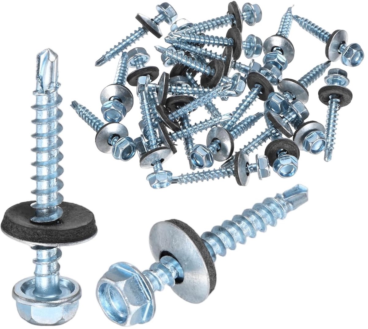 METERXITY 25 stuks zelftappende schroeven met rubberen schijf, ST4,8 x 38 mm, verzinkt, koolstofstaal, zeskantkop voor metalen afdekkingen, bekleding, staalconstructies