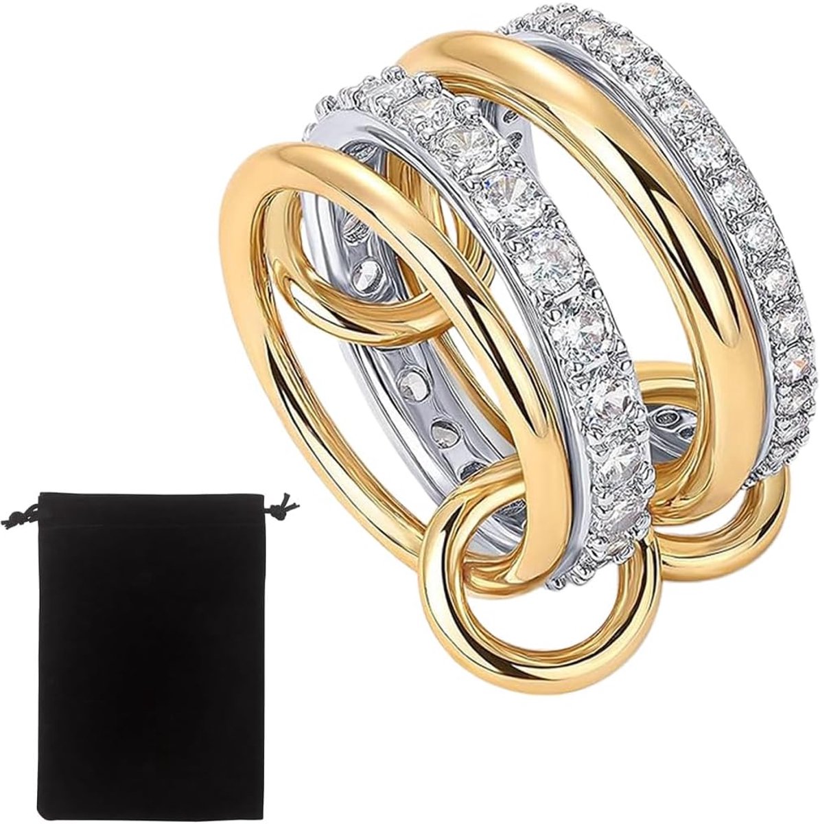 1 stuk, 18 karaat goud en zilver, maat 8, stapelbare gouden ring met ingelegde kubische zirkonia, roestvrij en dik (met fluwelen zakje)