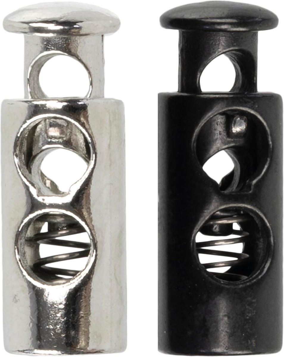 - Set van 10 cilinderstoppen met 2 gaten met veer - stop serresluiting - opening 4.5 mm - van metaal - kleur zwart en zilver