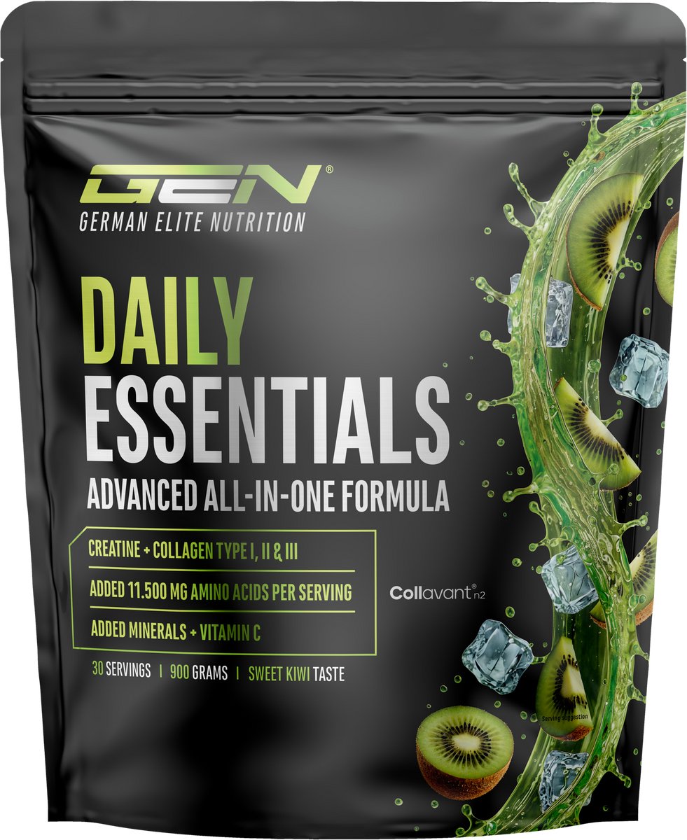 Daily Essentials All-in-One Formule - 900 g Poeder - Sweet Kiwi | 3.000 mg Creatine Monohydraat, Collageen Type I, II & III (Collavant® n2), 11.500 mg Aminozuren, Elektrolyten & Vitamine C