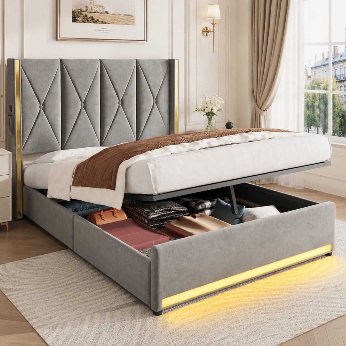 Gestoffeerd bed 160 x 200 cm - Hydraulische opbergruimte - LED-verlichting - USB en USB-C - Met lattenbodem - Donkergrijs