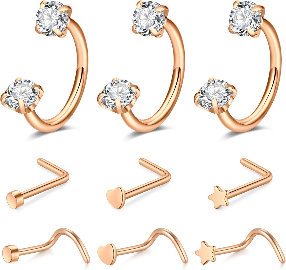 9 stuks piercingset 18G roestvrij staal hoefijzer septum piercing sieraden neuspiercing ring neusring L-vorm goud zilver en roségoud voor neus septum lip helix tragus daith, 16G-8mm, Roestvrij