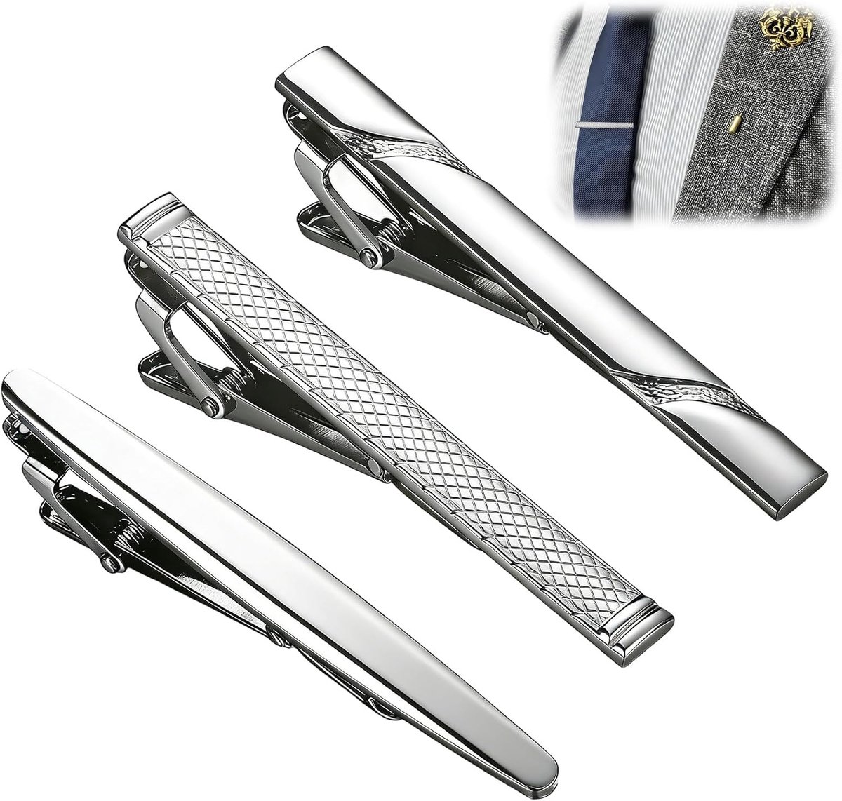 Stropdasspeld voor heren, 3 stuks zilverkleurige metalen stropdasklemmen voor heren, tijdloos modeaccessoire voor normale stropdassen, bruiloft, zaken, verjaardag en dagelijks leven, ideaal