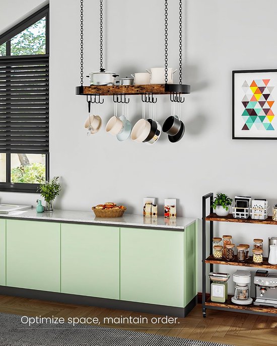 80,5 cm hangend pannenrek, ruimtebesparend pannenhanger voor de keuken, plafond pannenrek met 16 afneembare S-haken, stevig metalen frame, industriële stijl, rustiek bruin en zwart TPR09BF — afbeelding 4