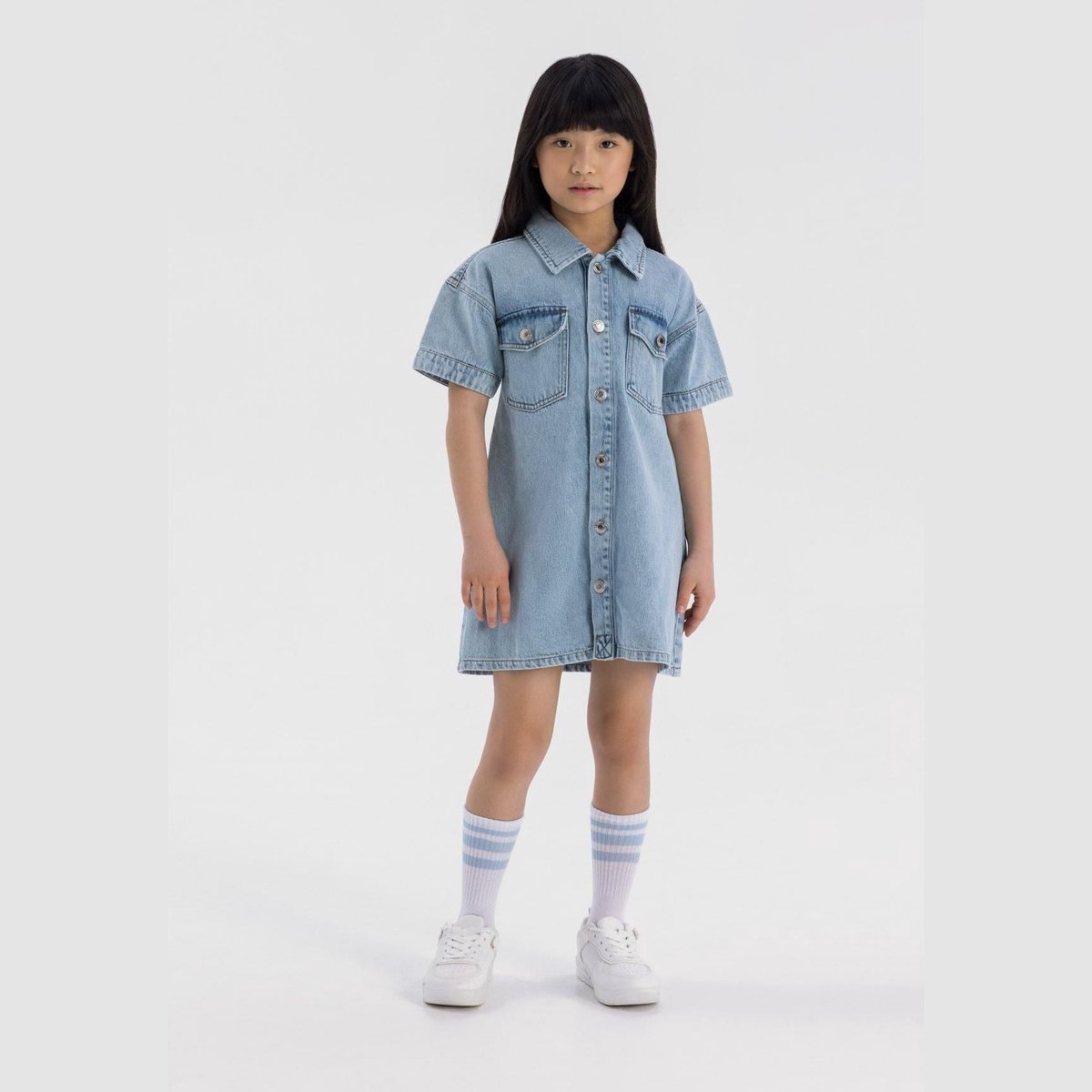 Minoti meisjes jurk meisjes denim blousejurk korte mouw - kniehoogte
