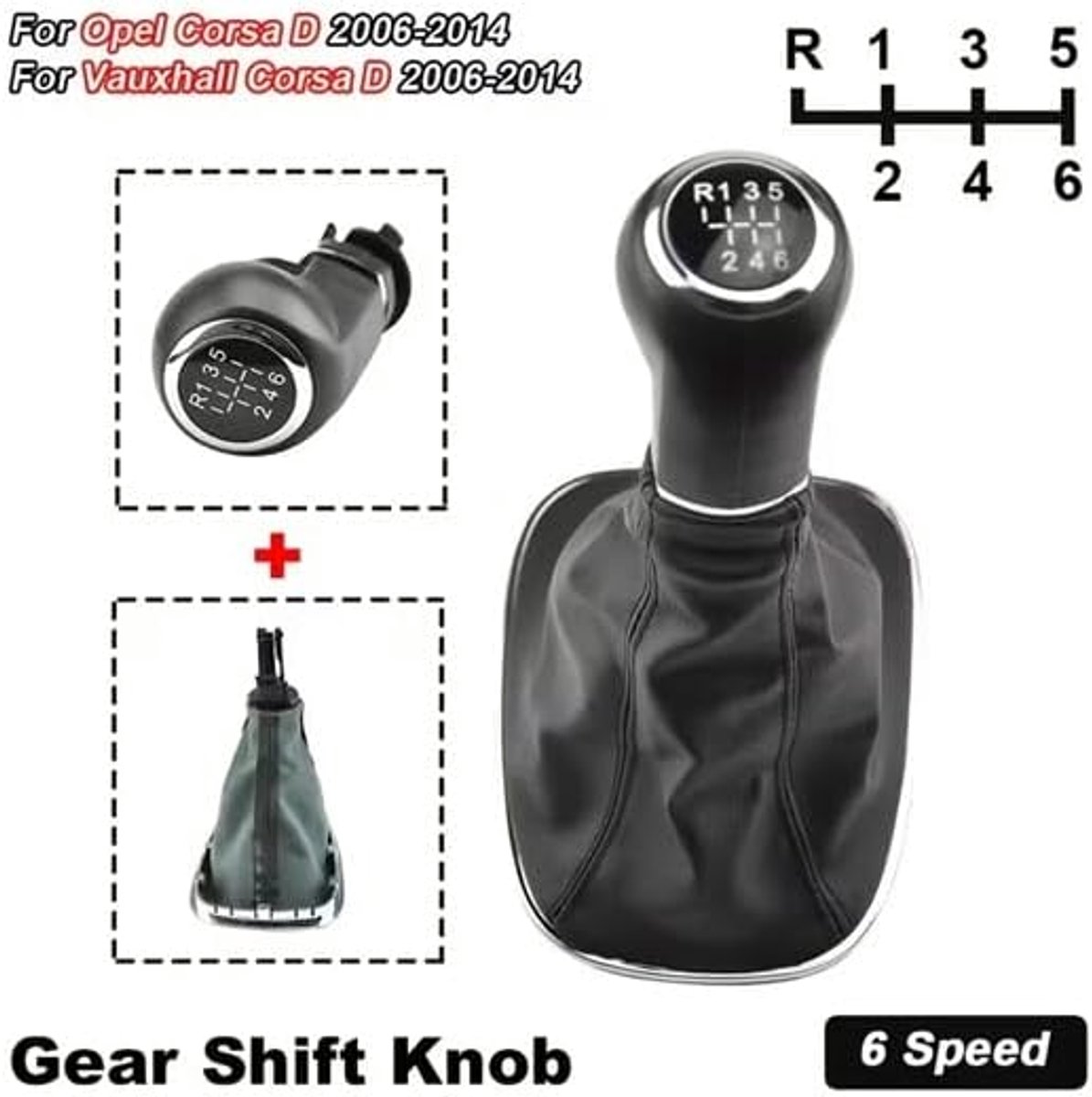 Knob + Shift Gaiter + Chrome Ring Compatible with Opel Corsa D Black Stitching Complete Replacement Kit (6 Speeds)