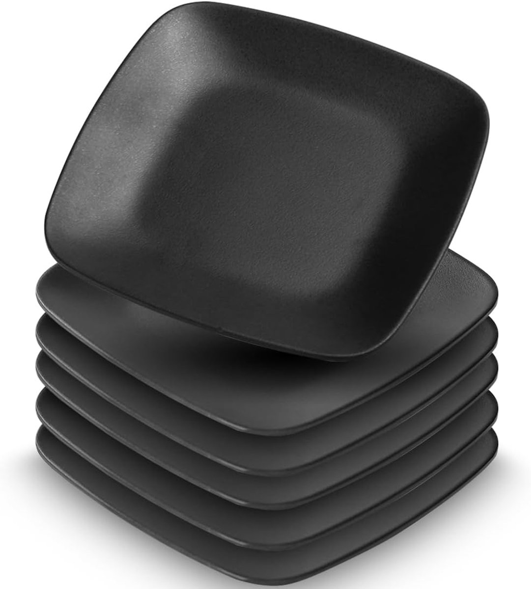 Serveerborden van aardewerk, 6 stuks zwarte dessertborden, voorgerechten, rechthoekig, mat zwart, vaatwasmachinebestendige bordenset, vierkante dessertborden voor vlees, sushi, snacks, salades