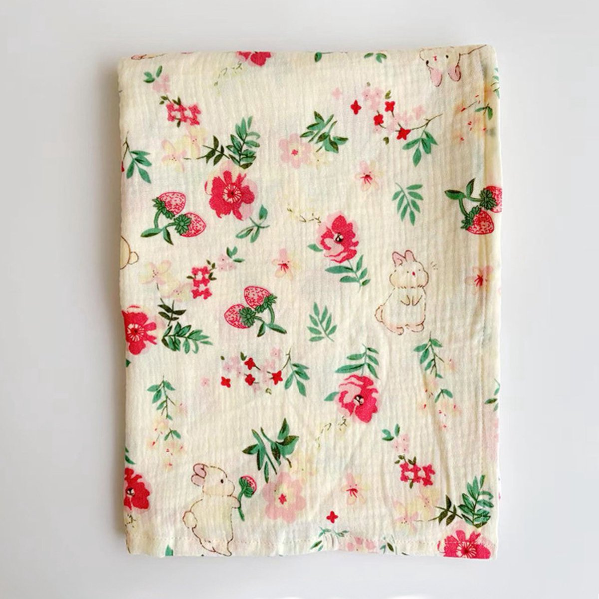 Babywikkeldeken, groot formaat 120*120 cm, ultrazacht en absorberend dubbellaags puur katoen, geschikt voor zowel jongens als meisjes, dunne deken/badhanddoek/wikkeldoek,Beige bloemenkonijn