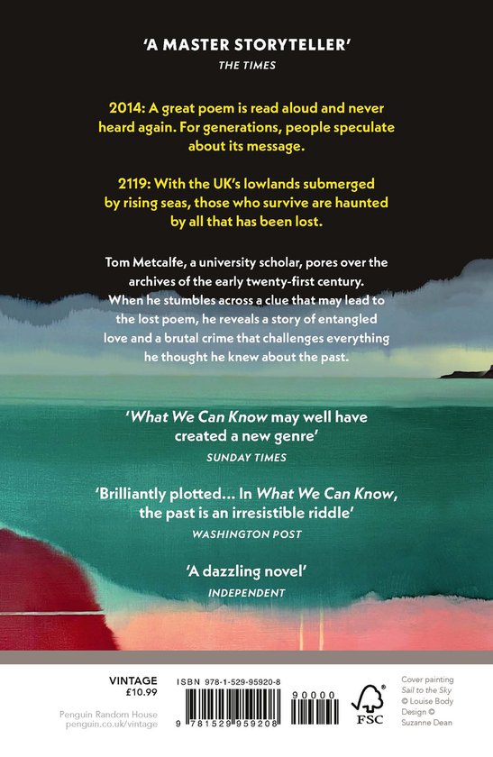 Boek "What We Can Know" met de tekst 'A MASTER STORYTELLER' en een illustratie van water en rotsen.