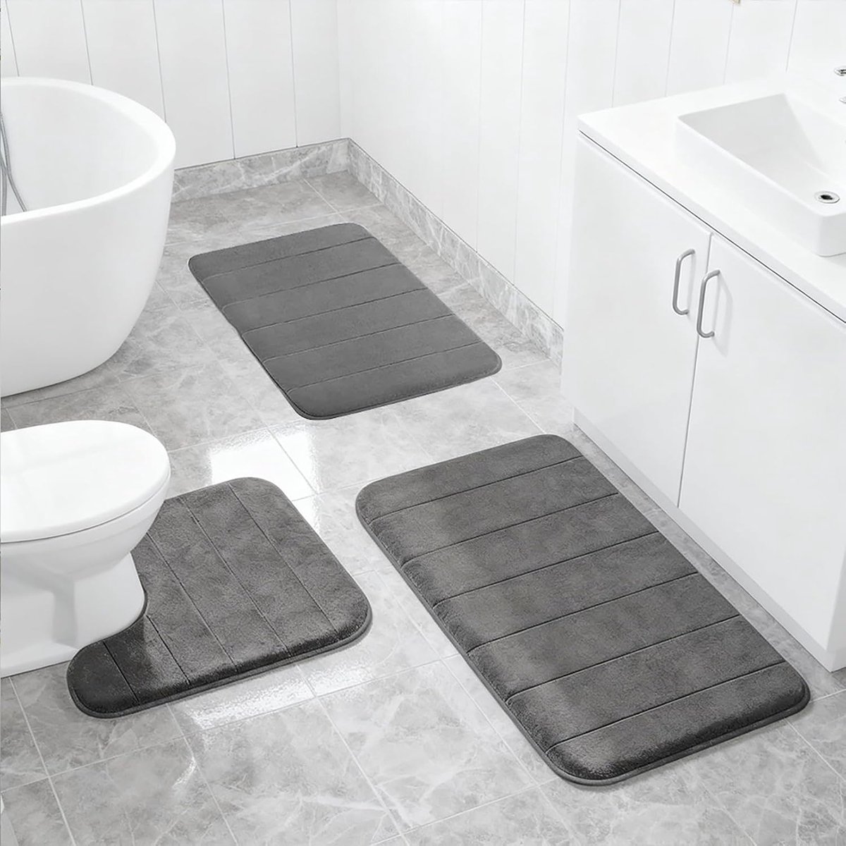 3-delige badkamertapijtset, antislip, wasbaar, microvezel badkamertapijt en U-vormige wc-mat, badkamertapijt voor douche, toilet en bad, donkergrijs