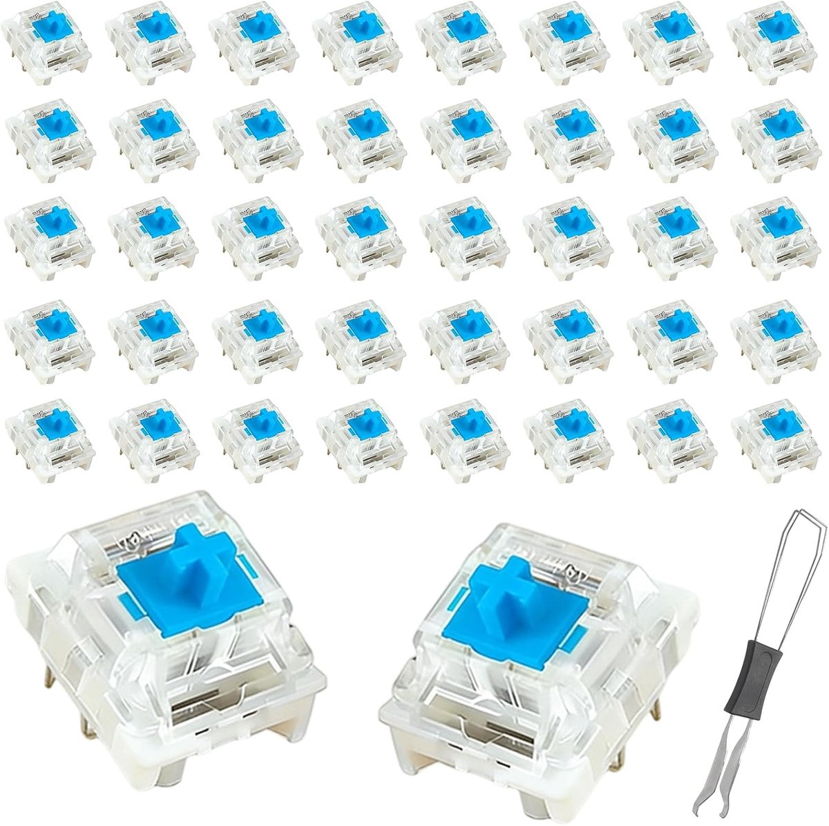 100 stuks mechanische toetsenbordschakelaars, blauwe toetsenbordschakelaar, 4 mm korte aanslag toetsenbord-schakelaars, pc-accessoires met trekker, 3-polige keycap-trekker voor gaming en